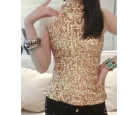 Stunning Round Neck Sequined Golden Bodycon Blouse For Women