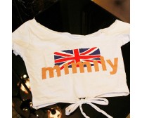 Trendy Scoop Neck Union Jack Flag Pattern Laced Short T-Shirt For Women