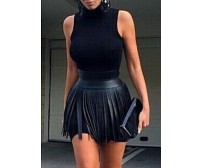 Black Sleeveless T Shirt and Fringe Skirt Set