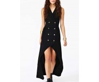 Black V Neck High Low Dress with Button