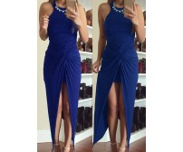 Blue Ruched High Front Slit Maxi Dress