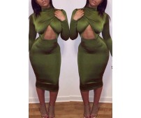 Hollow Front High Neck Army Green Sheath Dress