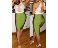 Hollowed Lace Strappy Top and Green Skirt Sheath Dress