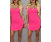 Hot Pink Short Sleeve Round Neck Mini Curved Dress