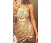 Open Back Asymmetric Gold Mini Dress
