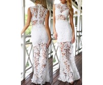 Turtleneck White Lace Crochet Maxi Dress